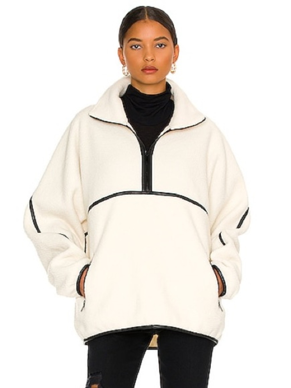 LAMARQUE Helsa Fleece Vegan Leather Contrast Trim Pullover Ivory Small S
